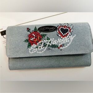 Ed Hardy Light Blue Denim Wallet with Red & Green Embroidery